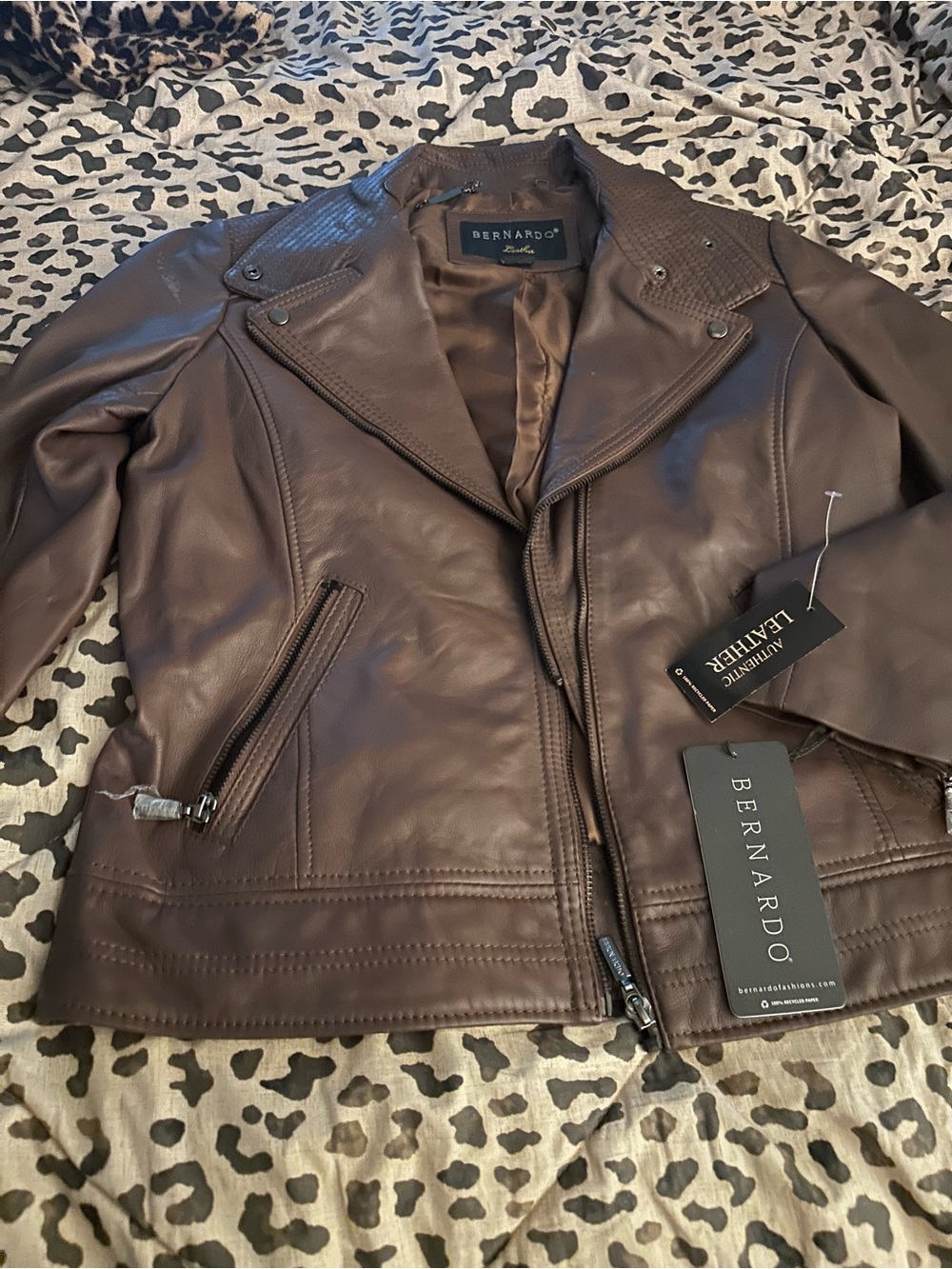 NWT.    Bernardo Brown Leather Jacket with Gold Script Label